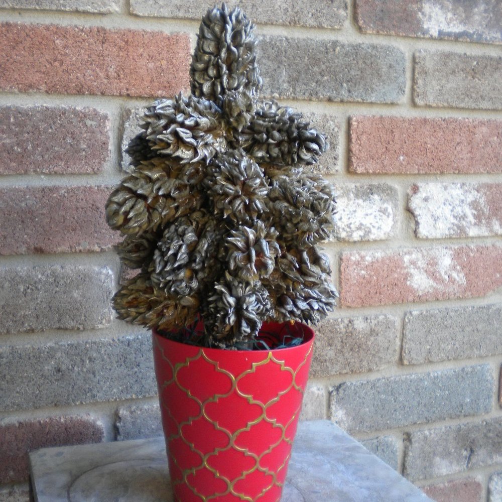 Farmhouse Festive Chic Pewter Gold Magnolia Pod Winter Tree Décor